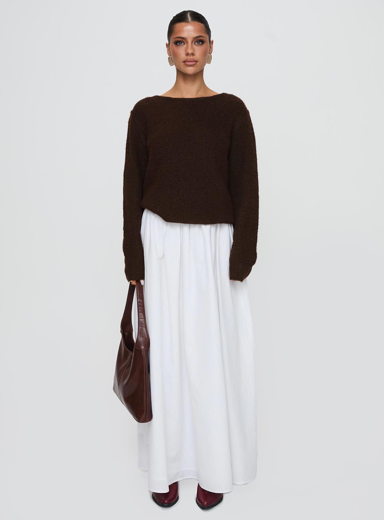front view of model wearing Princess Polly Abrams Rib Knit Crew Sweater Chocolate Marle Longline Jumpers 
