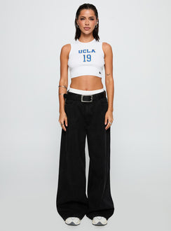 front view of model wearing Princess Polly UCLA Cutoff Tank Top White Sleeveless Crew Neck 