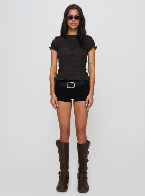 Romelle Shirred Top Black / Brown Plaid Petite