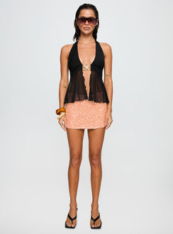 front view of model wearing Princess Polly Electrified Hardware Detail Top Black Sleeveless Plunger 