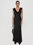 front view of model wearing Princess Polly Butacup Frill Maxi Dress Black V-Neck 