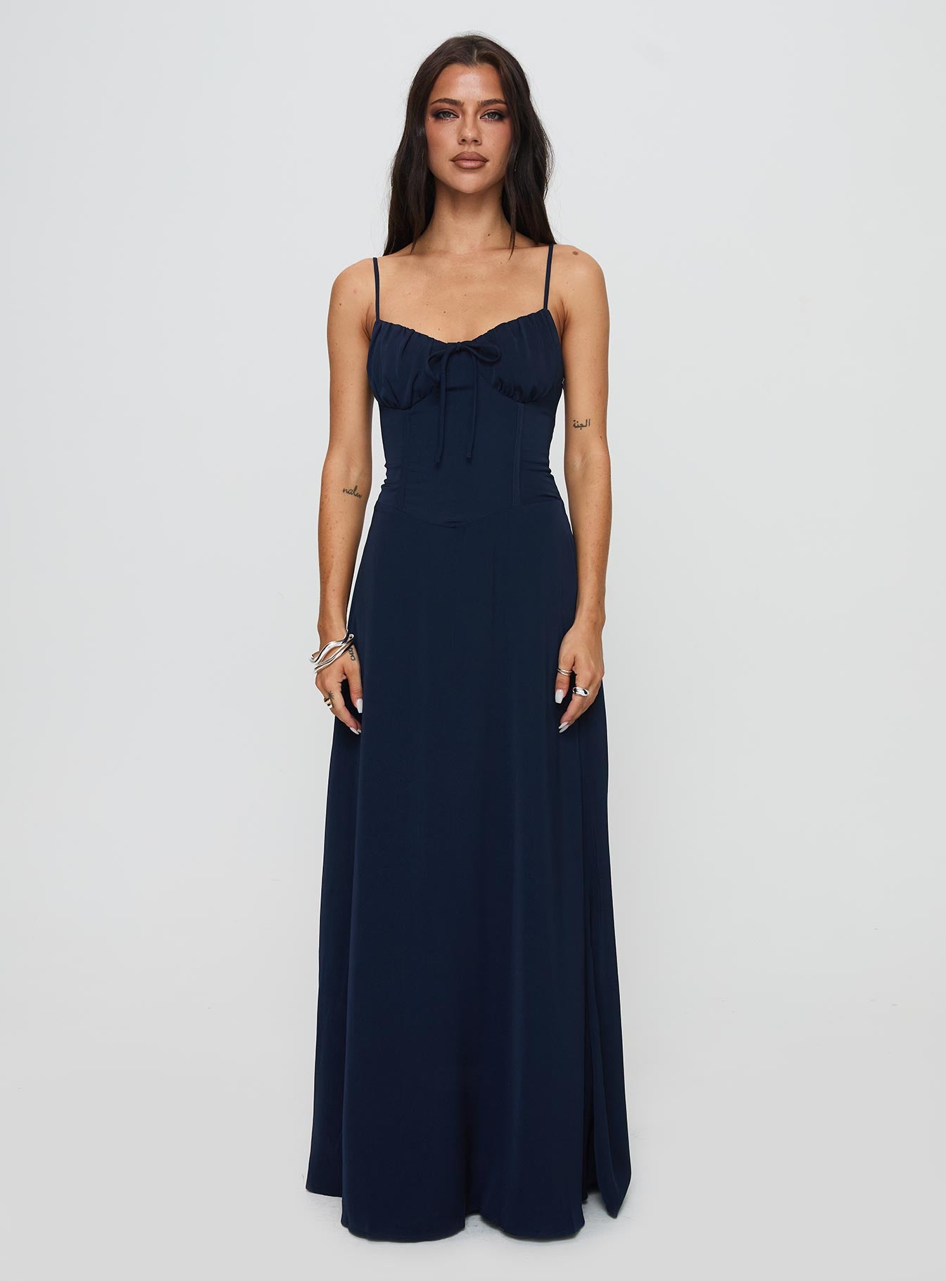 front view of model wearing Princess Polly Eleanora Maxi Dress Navy Sweetheart Neckline 