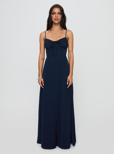 front view of model wearing Princess Polly Eleanora Maxi Dress Navy Sweetheart Neckline 