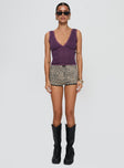 front view of model wearing Princess Polly Julien Top Mauve Sleeveless Plunger 