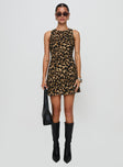 front view of model wearing Princess Polly Vivre Mini Dress Leopard Crew Neck 