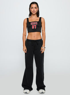 back view of model wearing Princess Polly SDSU Jersey Corset Top Black Sleeveless Square Neck 