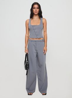 front view of model wearing Princess Polly Airi Top Charcoal Sleeveless Scoop Neck 