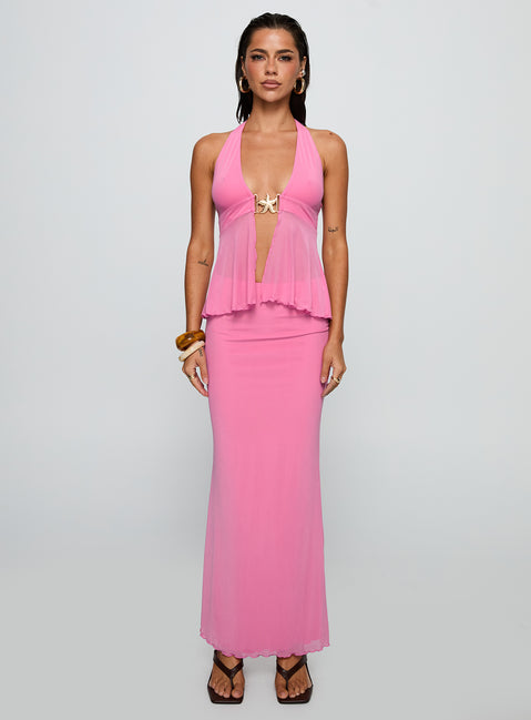   front view of model wearing Princess Polly De Angelo Maxi Skirt Pink Maxi 
