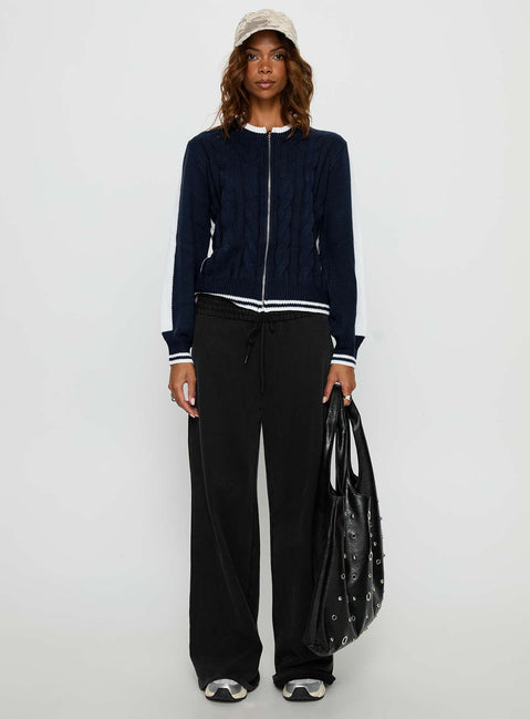 front view of model wearing Princess Polly Tevyn Cable Knit Zip Through Knit Sweater Blue / Cream Cropped Jumpers 