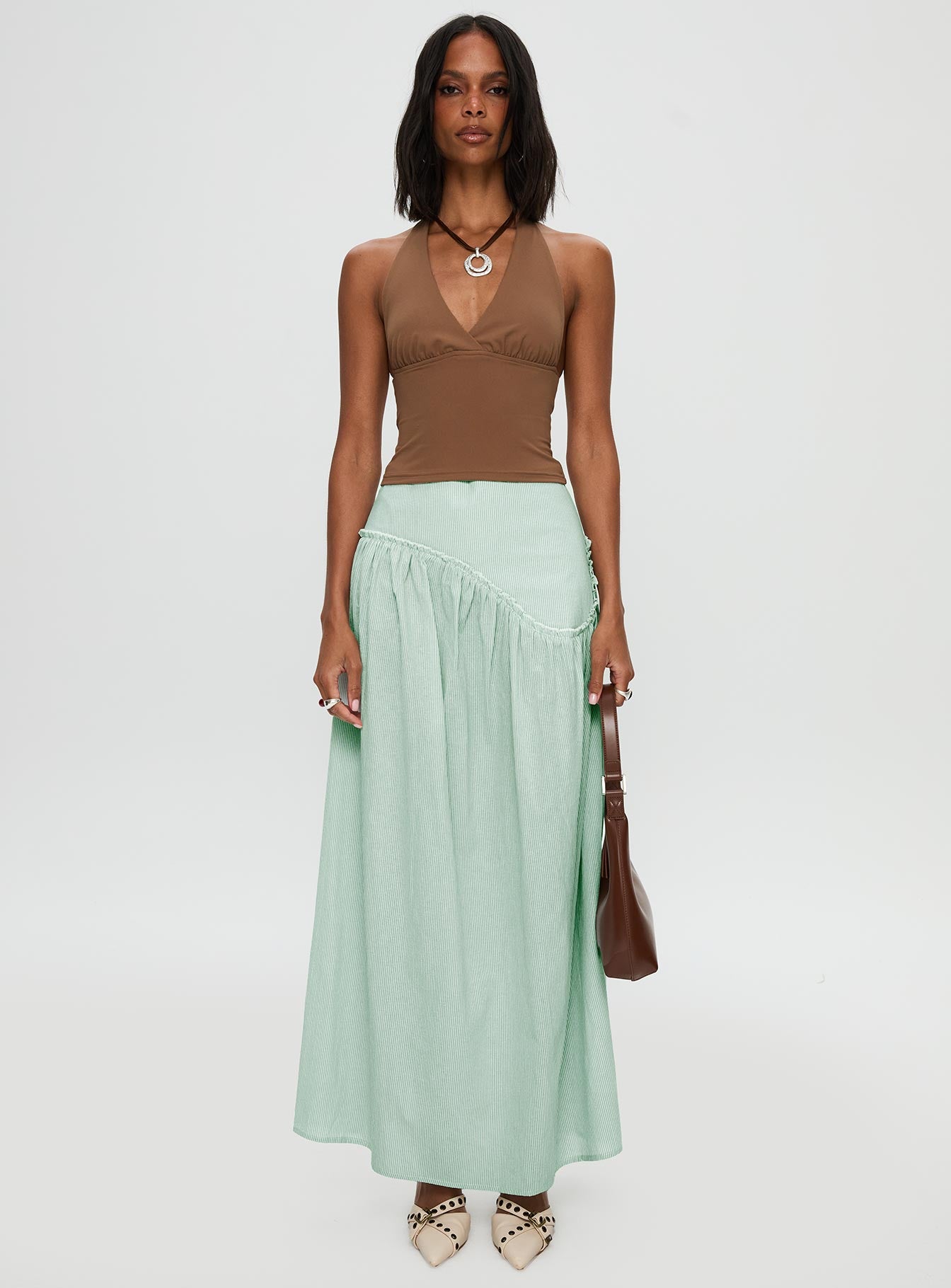   front view of model wearing Princess Polly Yasemine Maxi Skirt Green / White Maxi 