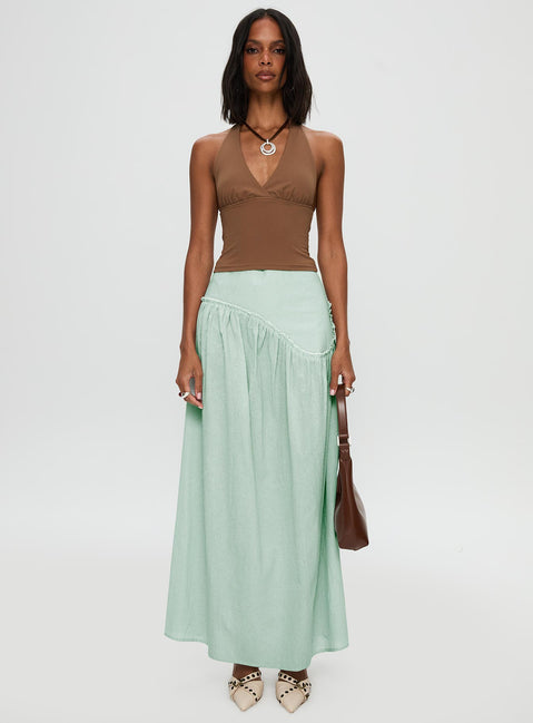   front view of model wearing Princess Polly Yasemine Maxi Skirt Green / White Maxi 