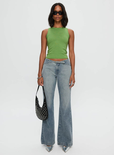 side view of model wearing Princess Polly Girl Almighty Top Green Sleeveless Crew Neck 