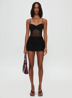 front view of model wearing Princess Polly In The Club Bodysuit Black Sleeveless 