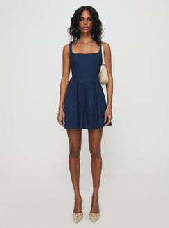 front view of model wearing Princess Polly Martie Mini Dress Navy Square Neck 