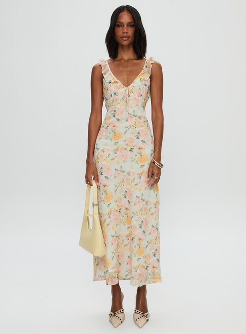 front view of model wearing Princess Polly On A Wave Frill Detail Maxi Dress Multi V-Neck 