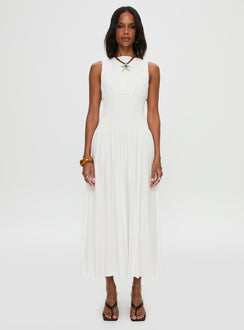 front view of model wearing Princess Polly Lilienne Shirred Maxi Dress White Crew Neck 