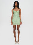 front view of model wearing Princess Polly Emilee Mini Dress Sage V-Neck 