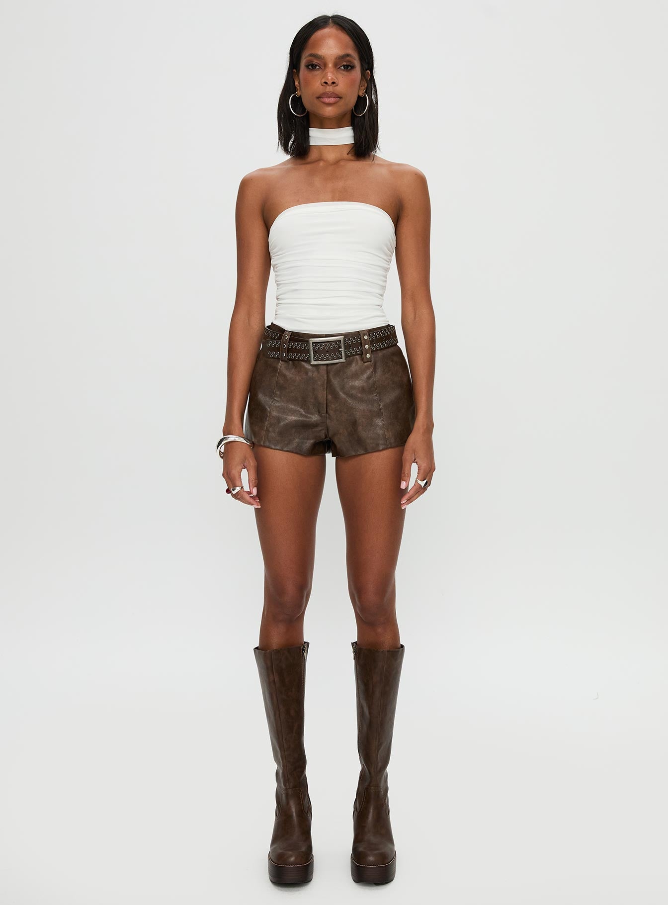 front view of model wearing Princess Polly Sorelle Scarf Bodysuit White Sleeveless 