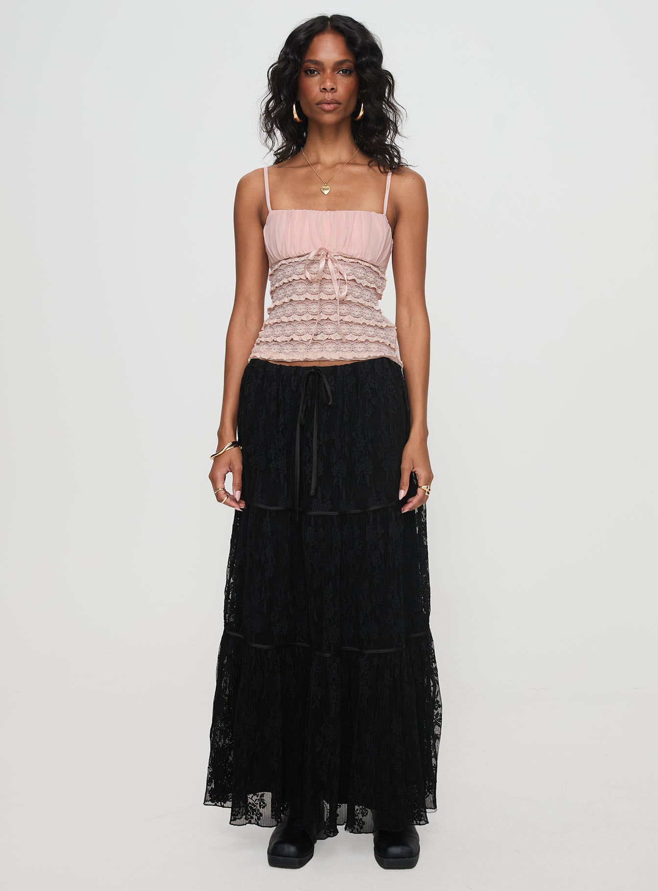   front view of model wearing Princess Polly Oh Plisse Maxi Skirt Black Maxi 