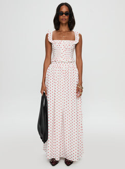   side view of model wearing Princess Polly Valerio Maxi Skirt White / Red Maxi 