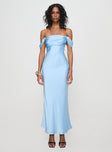 front view of model wearing Princess Polly Azura Off The Shoulder Maxi Dress Blue Straight Neck 