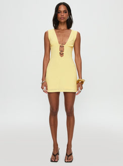 front view of model wearing Princess Polly Steward Mini Dress Lemon Plunger 