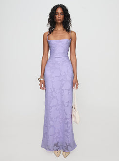 front view of model wearing Princess Polly Celena Maxi Dress Lilac Cowl Neck 