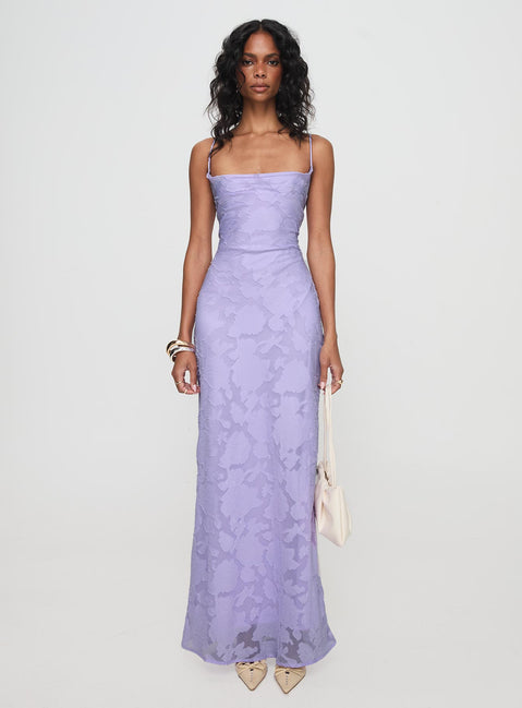 front view of model wearing Princess Polly Celena Maxi Dress Lilac Cowl Neck 