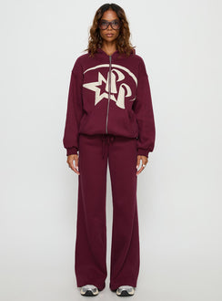 front view of model wearing Princess Polly Princess Polly Stargirl Zip Through Jumper Burgundy 