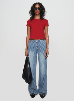 side view of model wearing Princess Polly Micah Tee Red Short Sleeves Crew Neck 