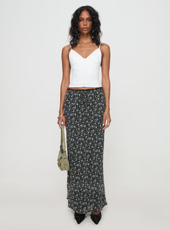   front view of model wearing Princess Polly Emily Maxi Skirt Blue / Black Floral Maxi 