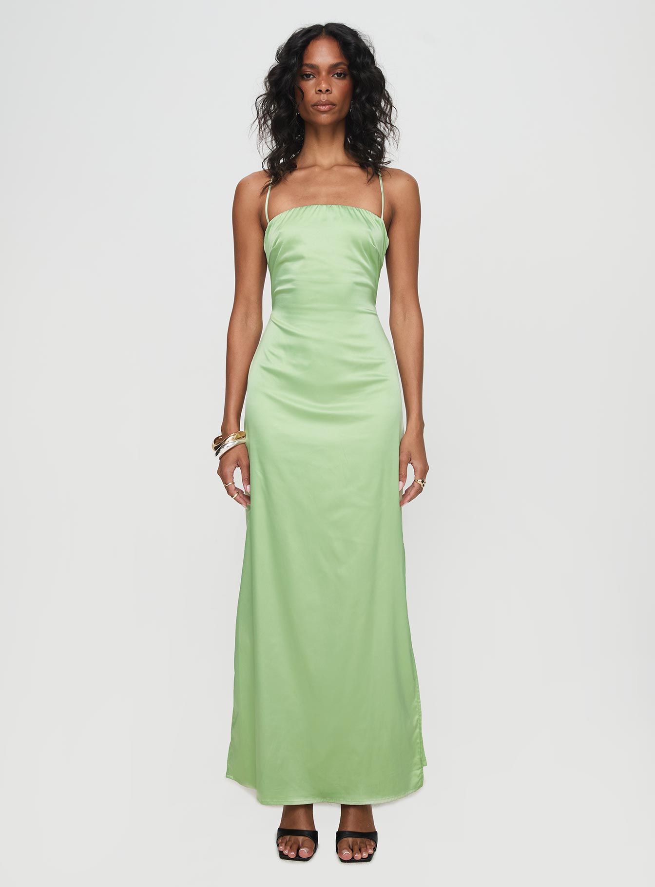 front view of model wearing Princess Polly Roselyn Maxi Dress Sage Square Neck 