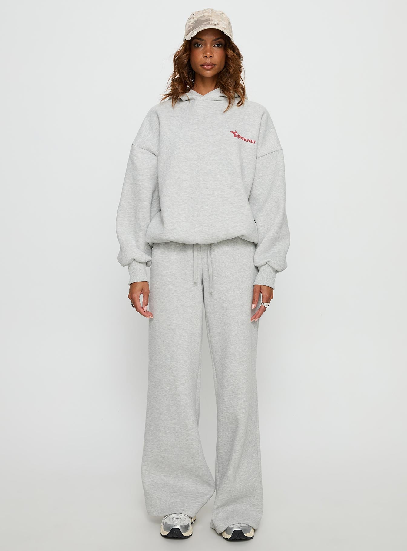 front view of model wearing Princess Polly Princess Polly Stargirl Wide Leg Sweat Pants Grey Marle High Rise Pants 