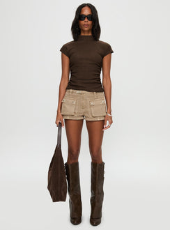 front view of model wearing Princess Polly Make A Plan Top Brown Short Sleeves High Neck 