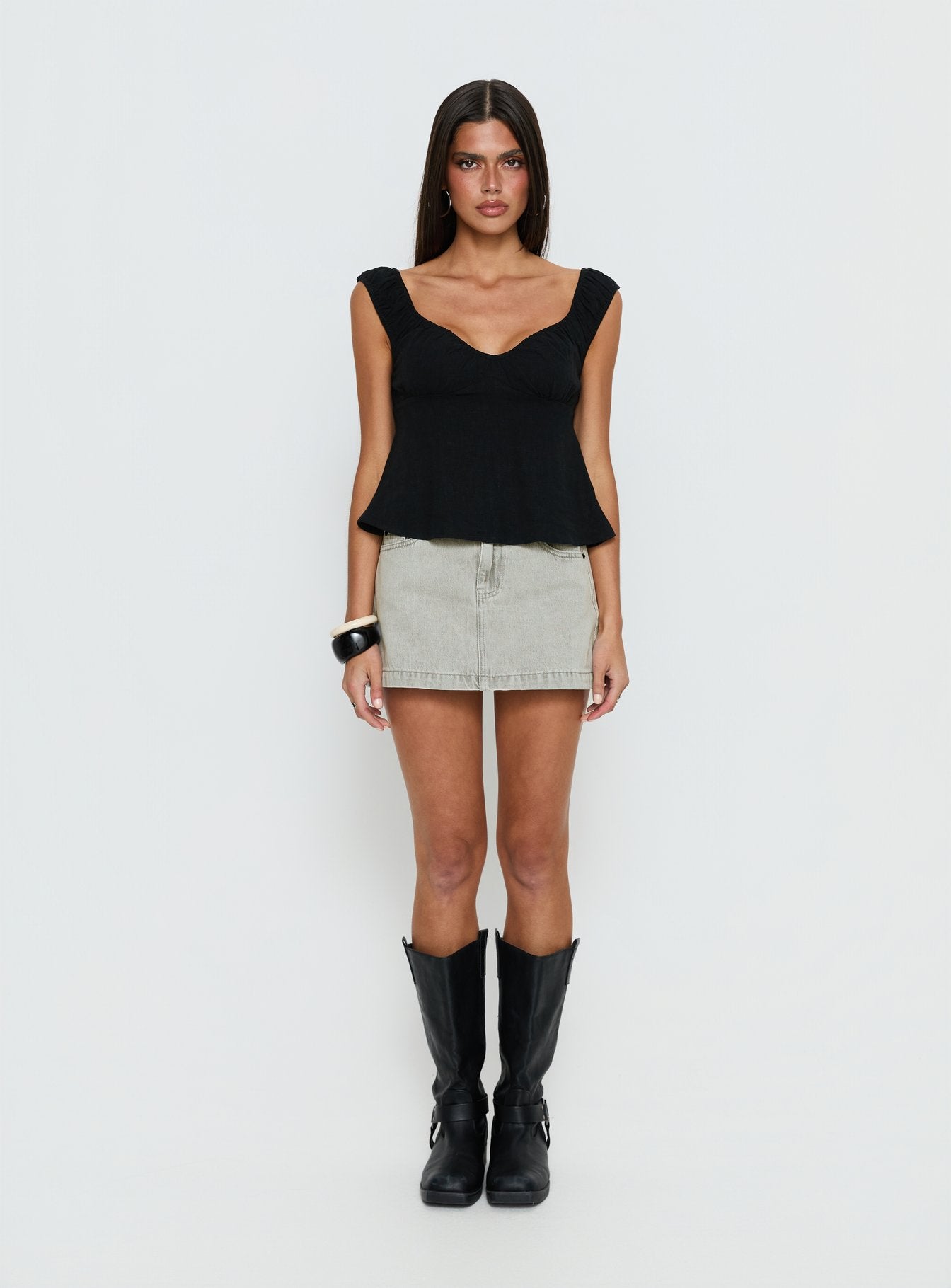 With Pleasure Puff Sleeve Linen Blouse Top Black