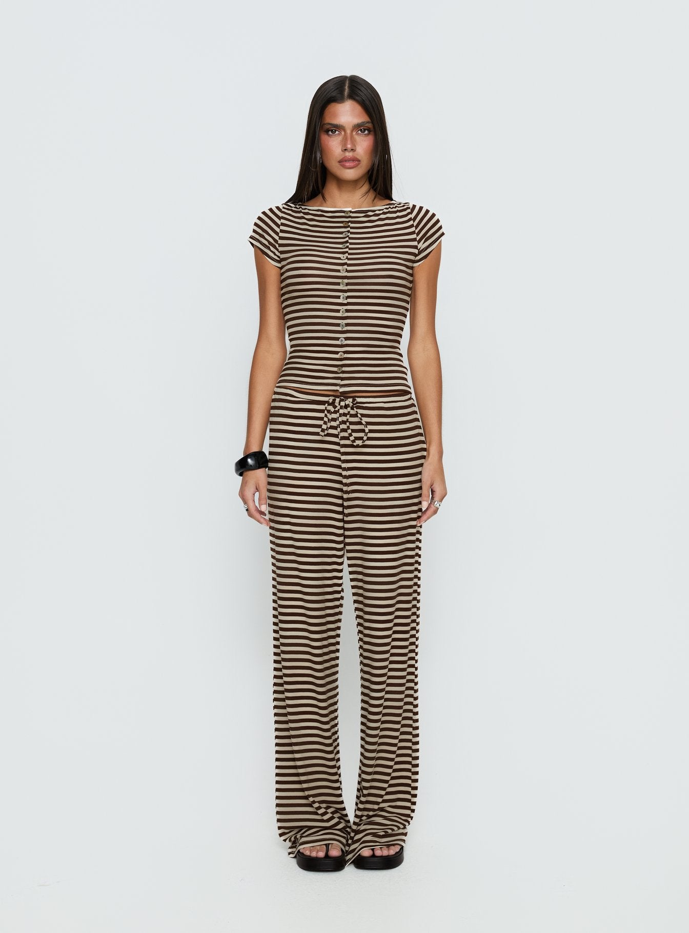 front view of model wearing Princess Polly Gavrielle Jersey Wide Leg Pants Chocolate / Cream Stripe Mid Rise Pants 