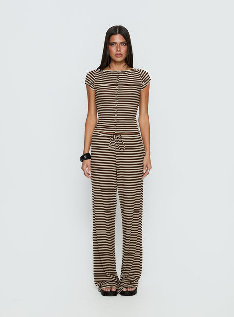 front view of model wearing Princess Polly Gavrielle Jersey Wide Leg Pants Chocolate / Cream Stripe Mid Rise Pants 