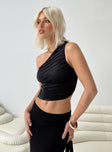 Front view of model wearing  front Princess Polly Sleeveless Asymmetric Neckline  Brinstead One Shoulder Top Black