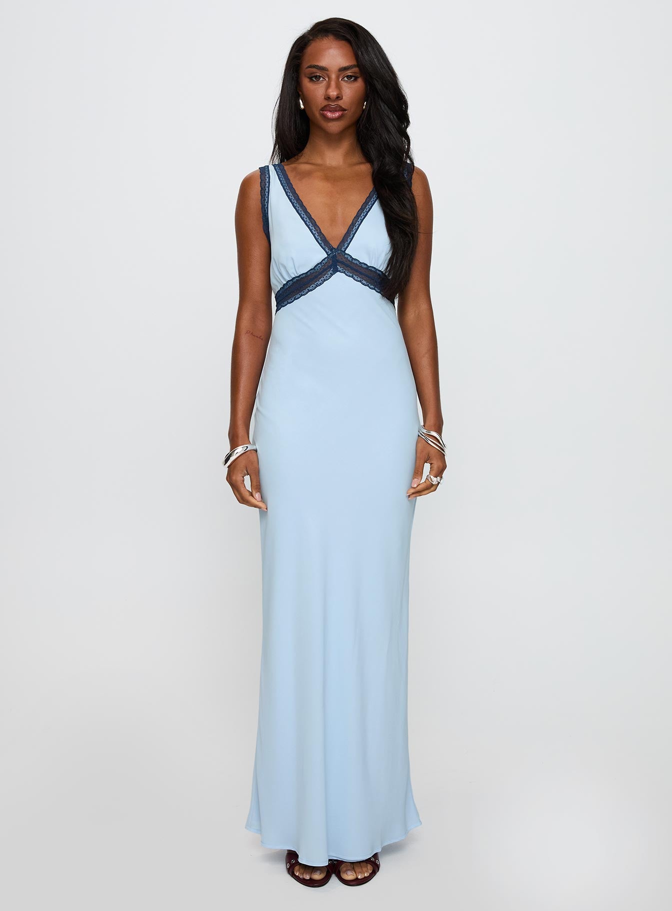 front view of model wearing Princess Polly Maelene Maxi Dress Blue V-Neck 