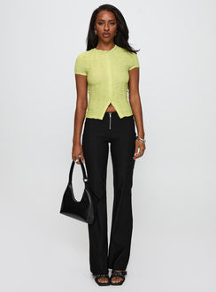 side view of model wearing Princess Polly Suzu Textured Top Green Short Sleeves Crew Neck 