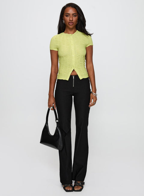 side view of model wearing Princess Polly Suzu Textured Top Green Short Sleeves Crew Neck 