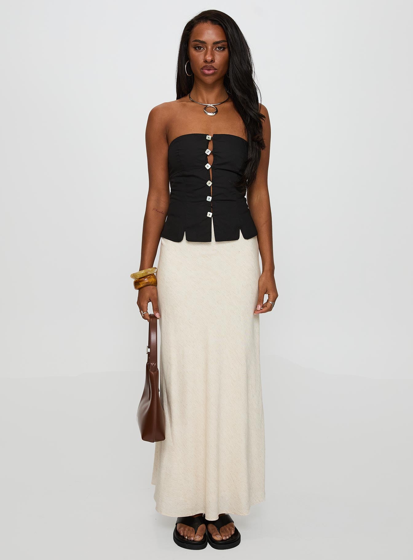 back view of model wearing Princess Polly Analeia Strapless Top Black Sleeveless straight 