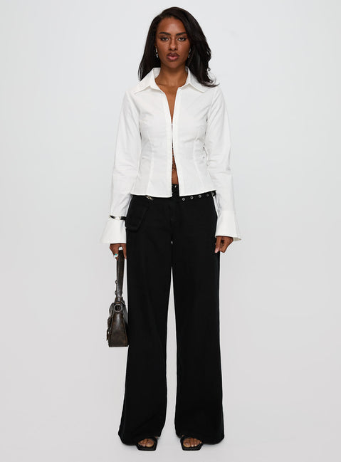 back view of model wearing Princess Polly By The Phone Long Sleeve Collared Top White Full Sleeves V-Neck 