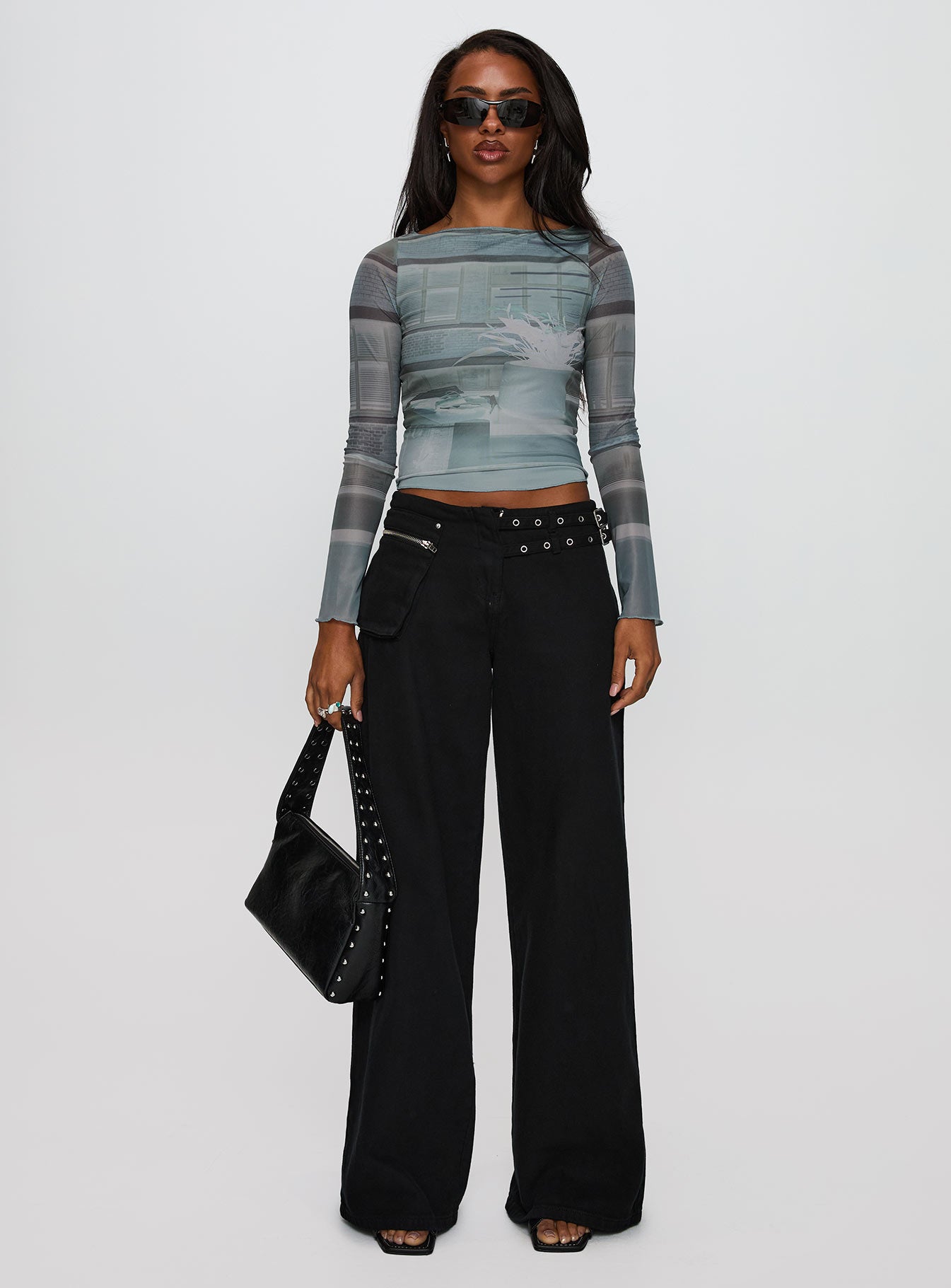 side view of model wearing Princess Polly Armali Top Multi Full Sleeves Boat Neck 