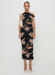 side view of model wearing Princess Polly Goldrush Maxi Dress Black Floral Asymmetric Neckline 