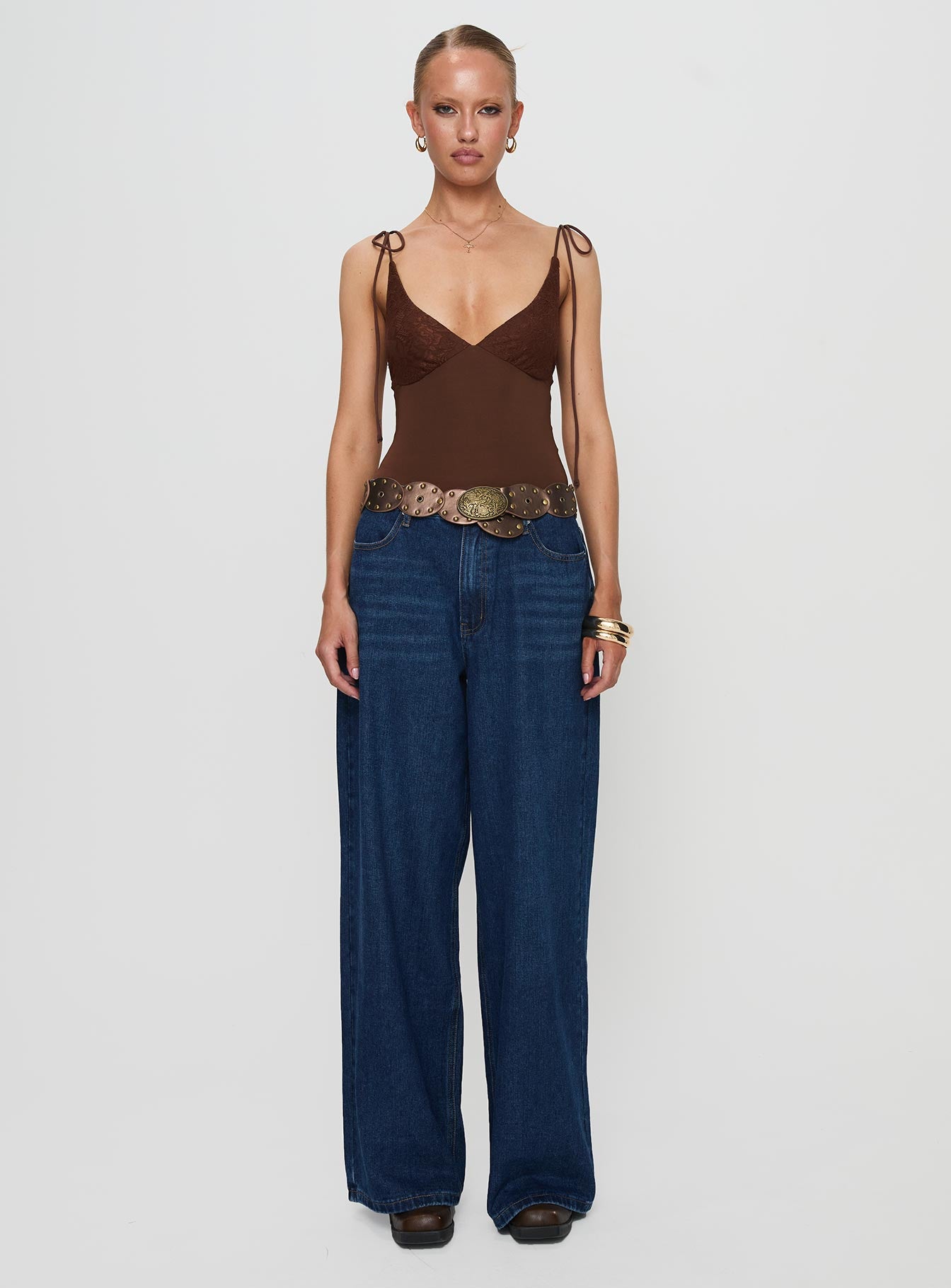 back view of model wearing Princess Polly Prichard Bodysuit Brown Sleeveless 