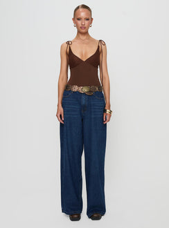 back view of model wearing Princess Polly Prichard Bodysuit Brown Sleeveless 