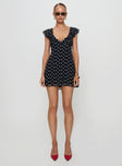 front view of model wearing Princess Polly I Guess So Mini Dress Black Polka Dot V-Neck 