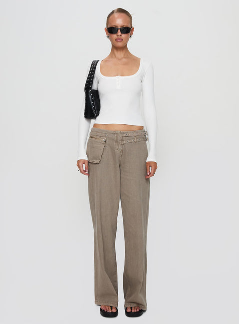 side view of model wearing Princess Polly Daphine Long Sleeve Top White Full Sleeves Scoop Neck 