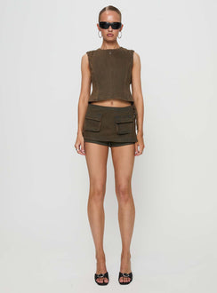 front view of model wearing Princess Polly Countryside Skort Petrol High Waisted Shorts 